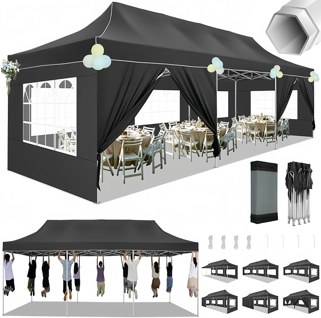 HOTEEL 10x20  10x30 Heavy Duty Pop Up Canopy Tent with Sidewalls, Commercial Outdoor Canopy Tents for Parties Event Wedding with Roller Bag, Waterproof & UV 50+, Upgraded Thickened Hexagonal Legs, Black