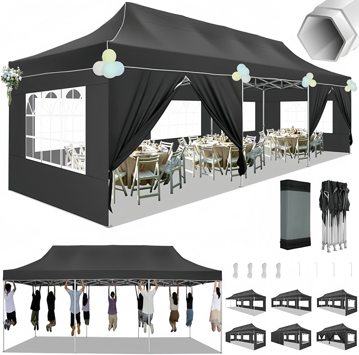 HOTEEL 10x20  10x30 Heavy Duty Pop Up Canopy Tent with Sidewalls, Commercial Outdoor Canopy Tents for Parties Event Wedding with Roller Bag, Waterproof & UV 50+, Upgraded Thickened Hexagonal Legs, Black