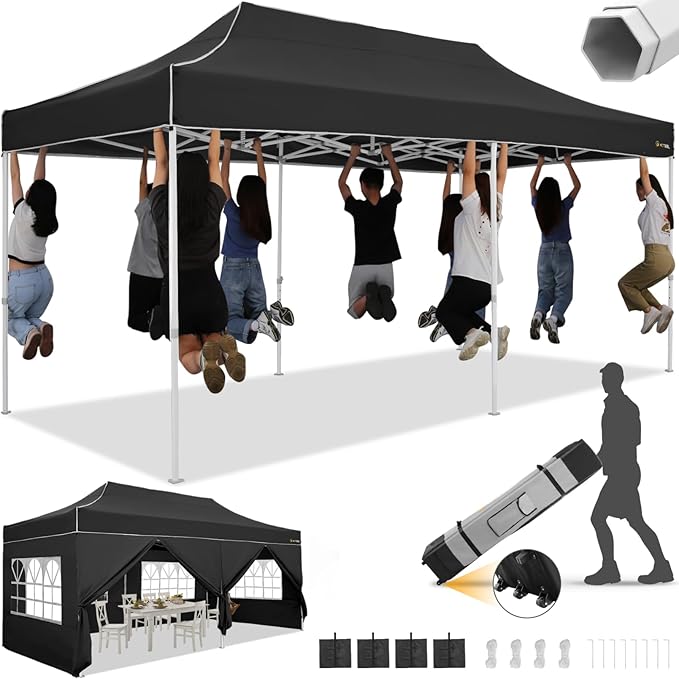 HOTEEL 10x20  10x30 Heavy Duty Pop Up Canopy Tent with Sidewalls, Commercial Outdoor Canopy Tents for Parties Event Wedding with Roller Bag, Waterproof & UV 50+, Upgraded Thickened Hexagonal Legs, Black