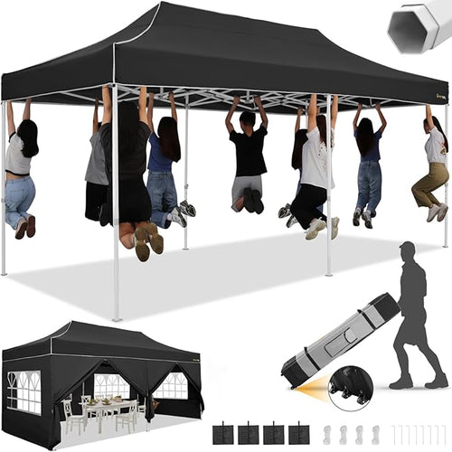 HOTEEL 10x20  10x30 Heavy Duty Pop Up Canopy Tent with Sidewalls, Commercial Outdoor Canopy Tents for Parties Event Wedding with Roller Bag, Waterproof & UV 50+, Upgraded Thickened Hexagonal Legs, Black