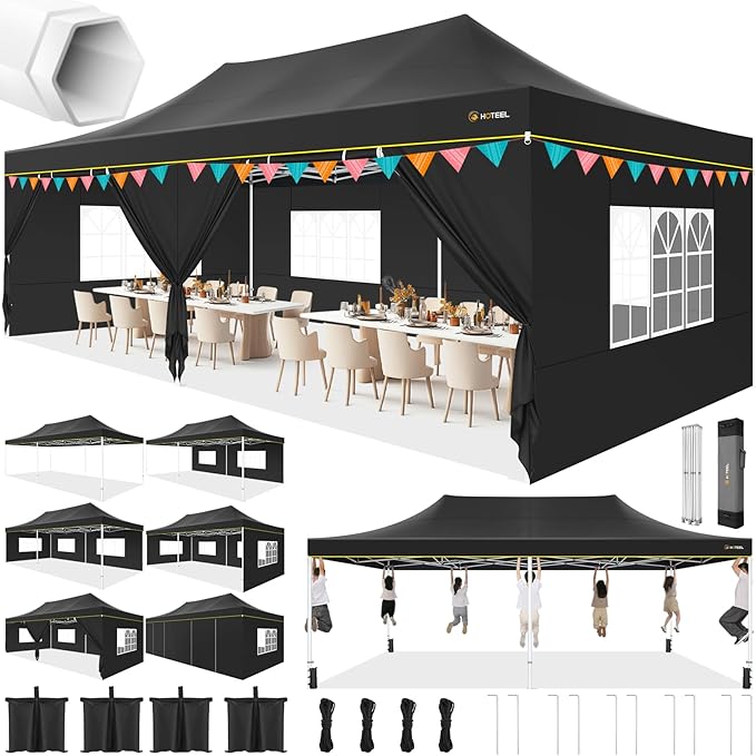HOTEEL 10x20  10x30 Heavy Duty Pop Up Canopy Tent with Sidewalls, Commercial Outdoor Canopy Tents for Parties Event Wedding with Roller Bag, Waterproof & UV 50+, Upgraded Thickened Hexagonal Legs, Black