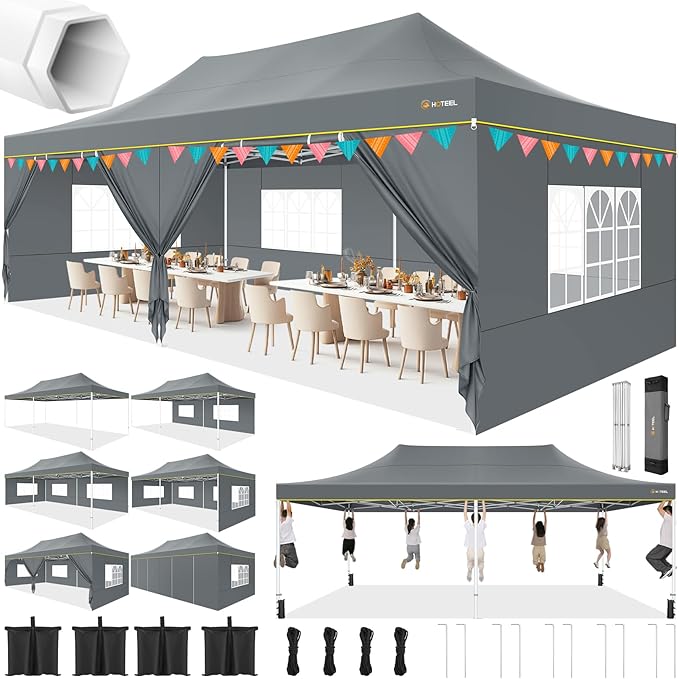 HOTEEL 10x20  10x30 Heavy Duty Pop Up Canopy Tent with Sidewalls, Commercial Outdoor Canopy Tents for Parties Event Wedding with Roller Bag, Waterproof & UV 50+, Upgraded Thickened Hexagonal Legs, Black