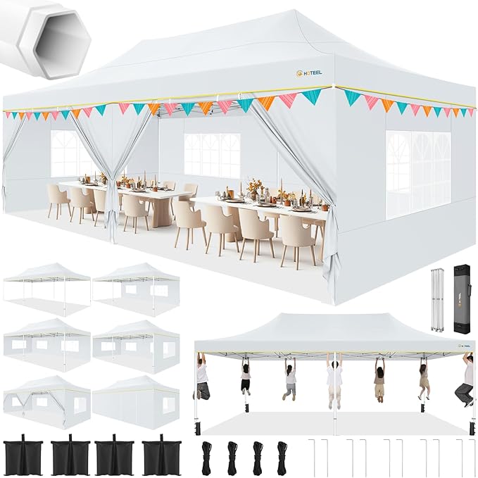 HOTEEL 10x20  10x30 Heavy Duty Pop Up Canopy Tent with Sidewalls, Commercial Outdoor Canopy Tents for Parties Event Wedding with Roller Bag, Waterproof & UV 50+, Upgraded Thickened Hexagonal Legs, Black