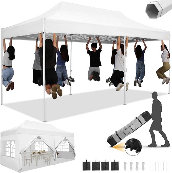 HOTEEL 10x20  10x30 Heavy Duty Pop Up Canopy Tent with Sidewalls, Commercial Outdoor Canopy Tents for Parties Event Wedding with Roller Bag, Waterproof & UV 50+, Upgraded Thickened Hexagonal Legs, Black