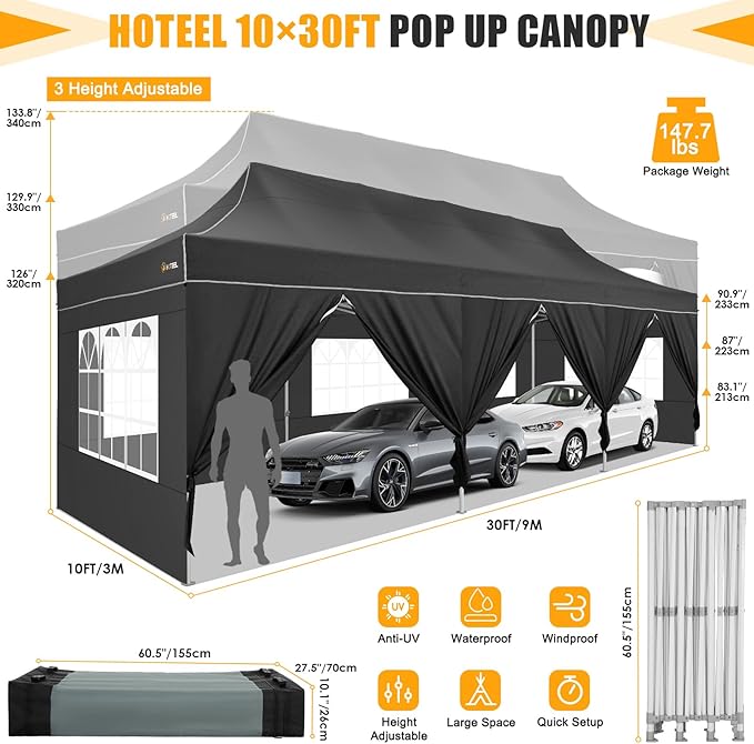 HOTEEL 10x20  10x30 Heavy Duty Pop Up Canopy Tent with Sidewalls, Commercial Outdoor Canopy Tents for Parties Event Wedding with Roller Bag, Waterproof & UV 50+, Upgraded Thickened Hexagonal Legs, Black