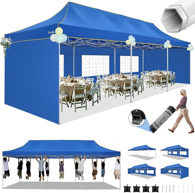 HOTEEL 10x20  10x30 Heavy Duty Pop Up Canopy Tent with Sidewalls, Commercial Outdoor Canopy Tents for Parties Event Wedding with Roller Bag, Waterproof & UV 50+, Upgraded Thickened Hexagonal Legs, Black
