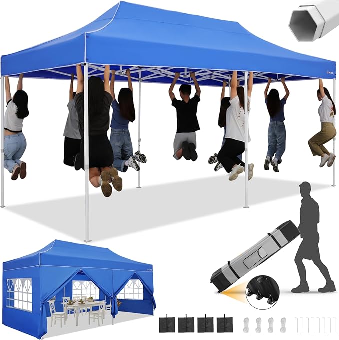 HOTEEL 10x20  10x30 Heavy Duty Pop Up Canopy Tent with Sidewalls, Commercial Outdoor Canopy Tents for Parties Event Wedding with Roller Bag, Waterproof & UV 50+, Upgraded Thickened Hexagonal Legs, Black