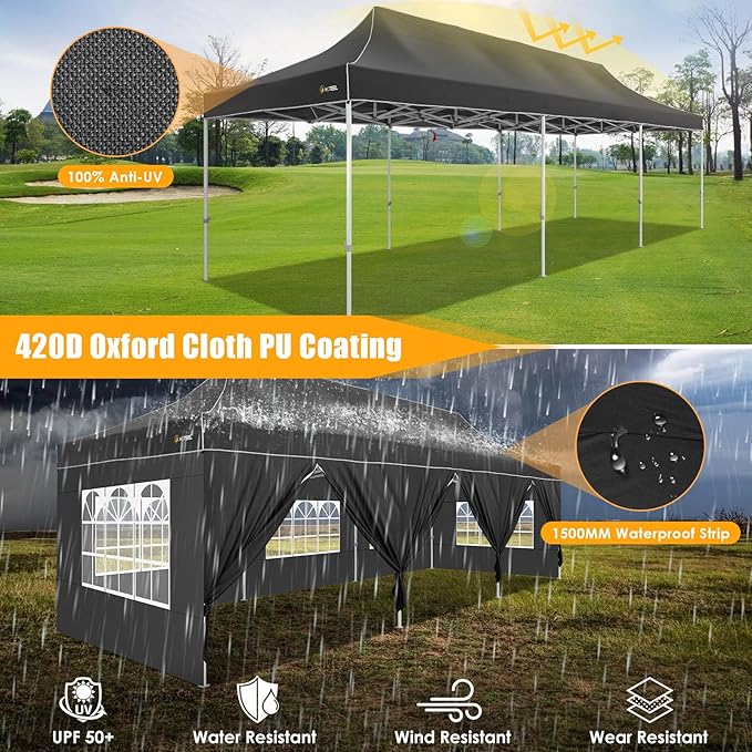 HOTEEL 10x20  10x30 Heavy Duty Pop Up Canopy Tent with Sidewalls, Commercial Outdoor Canopy Tents for Parties Event Wedding with Roller Bag, Waterproof & UV 50+, Upgraded Thickened Hexagonal Legs, Black