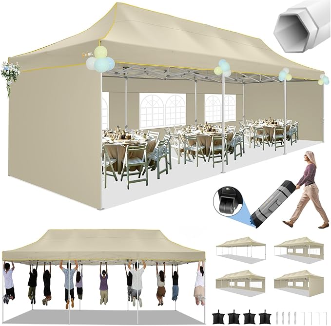 HOTEEL 10x20  10x30 Heavy Duty Pop Up Canopy Tent with Sidewalls, Commercial Outdoor Canopy Tents for Parties Event Wedding with Roller Bag, Waterproof & UV 50+, Upgraded Thickened Hexagonal Legs, Black