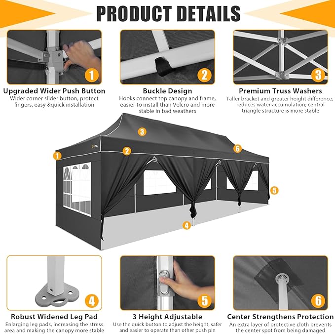 HOTEEL 10x20  10x30 Heavy Duty Pop Up Canopy Tent with Sidewalls, Commercial Outdoor Canopy Tents for Parties Event Wedding with Roller Bag, Waterproof & UV 50+, Upgraded Thickened Hexagonal Legs, Black