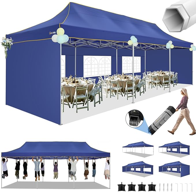 HOTEEL 10x20  10x30 Heavy Duty Pop Up Canopy Tent with Sidewalls, Commercial Outdoor Canopy Tents for Parties Event Wedding with Roller Bag, Waterproof & UV 50+, Upgraded Thickened Hexagonal Legs, Black