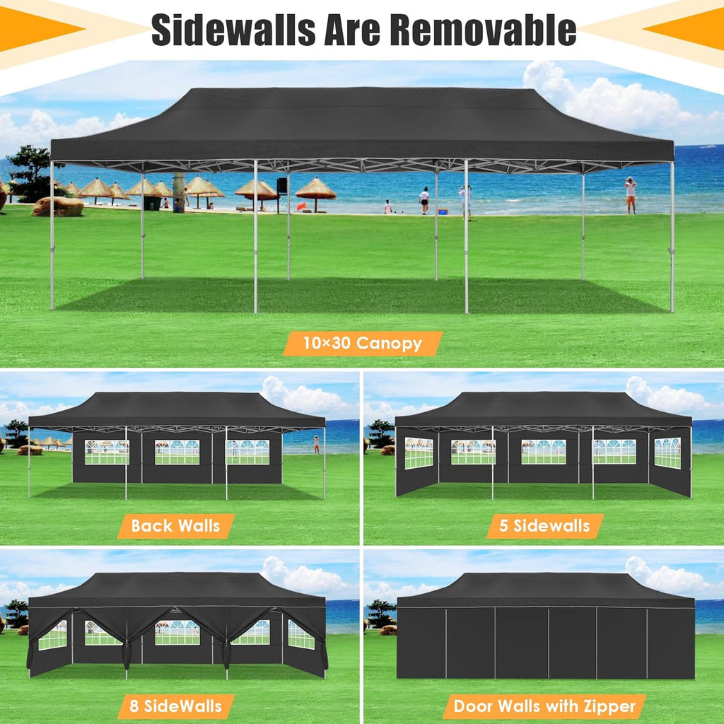 HOTEEL 10x20  10x30 Heavy Duty Pop Up Canopy Tent with Sidewalls, Commercial Outdoor Canopy Tents for Parties Event Wedding with Roller Bag, Waterproof & UV 50+, Upgraded Thickened Hexagonal Legs, Black